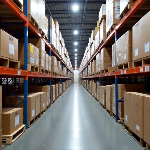 Warehouse shelves stocked with auto parts boxes.