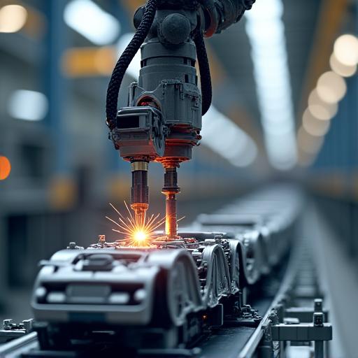Robotic arm assembling an automotive part.