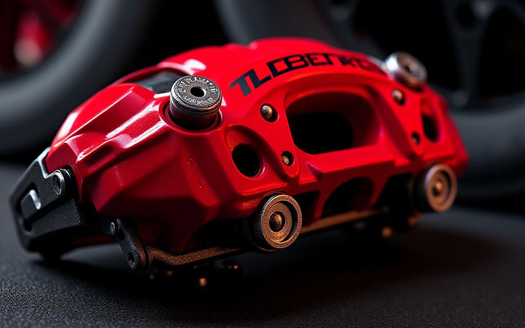 A red high-performance aftermarket brake caliper.