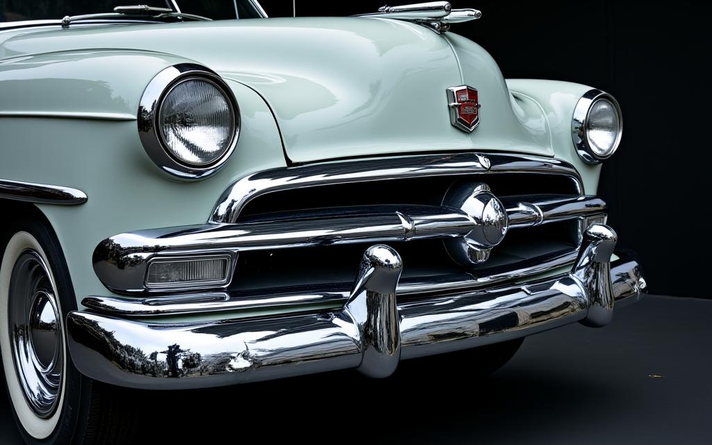 A shiny chrome bumper for a classic Ford vehicle.
