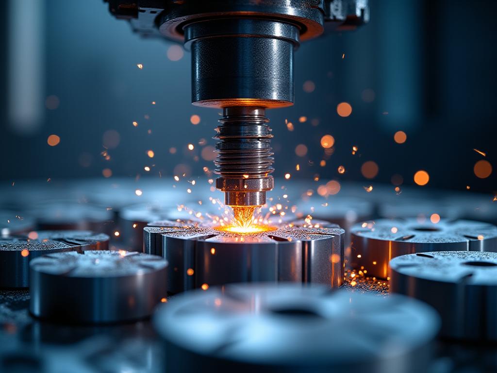 A close-up of a CNC machine in operation, cutting a metal part.